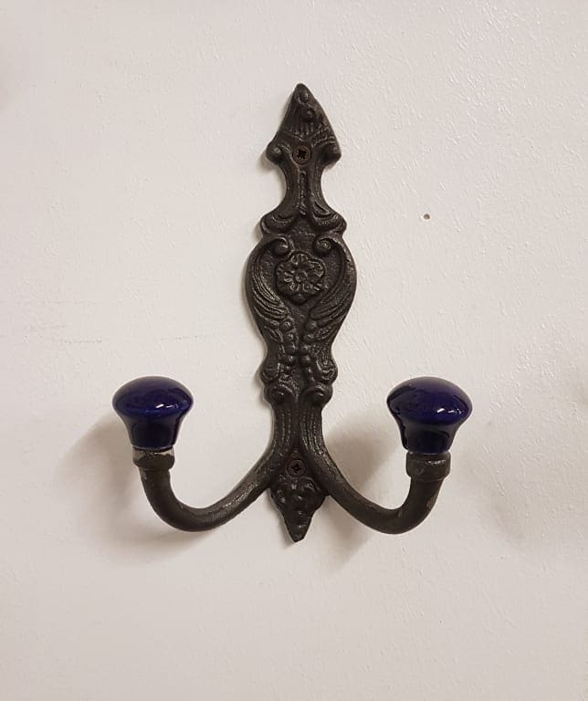 Hat & Coat Hook FRENCH 2 x NAVY BLUE ceramic ball tops 150mm